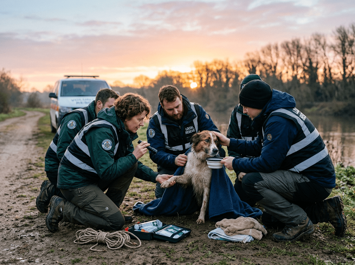 Rescue team wrapped wet dog in blanket giving water beside river