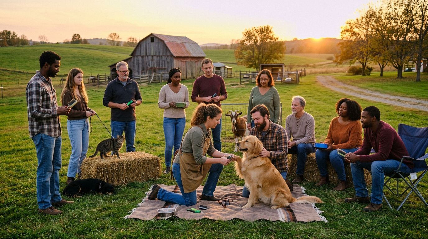 Group learning dog training outdoors on a farm with various pets