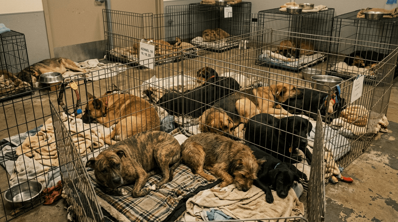 Several dogs lying on blankets inside metal wire kennels in an animal shelter room.