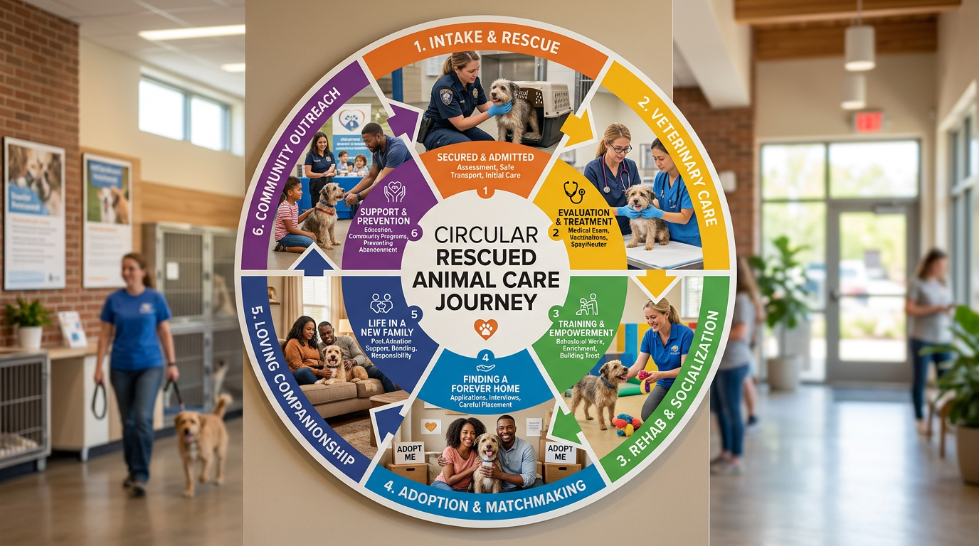 Circular diagram showing six steps in rescued animal care: intake and rescue, veterinary care, rehab and socialization, adoption and matchmaking, life in a new family, community outreach