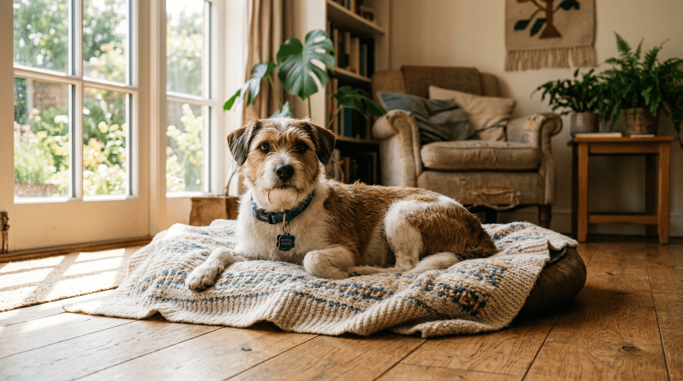 Brown and white dog lying on a knitted blanket in a living room with sunlight from glass doors