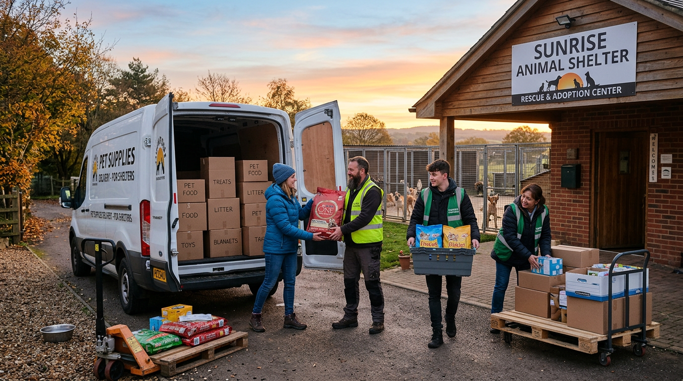 Volunteers unloading boxes and pet food from a van at an animal shelter