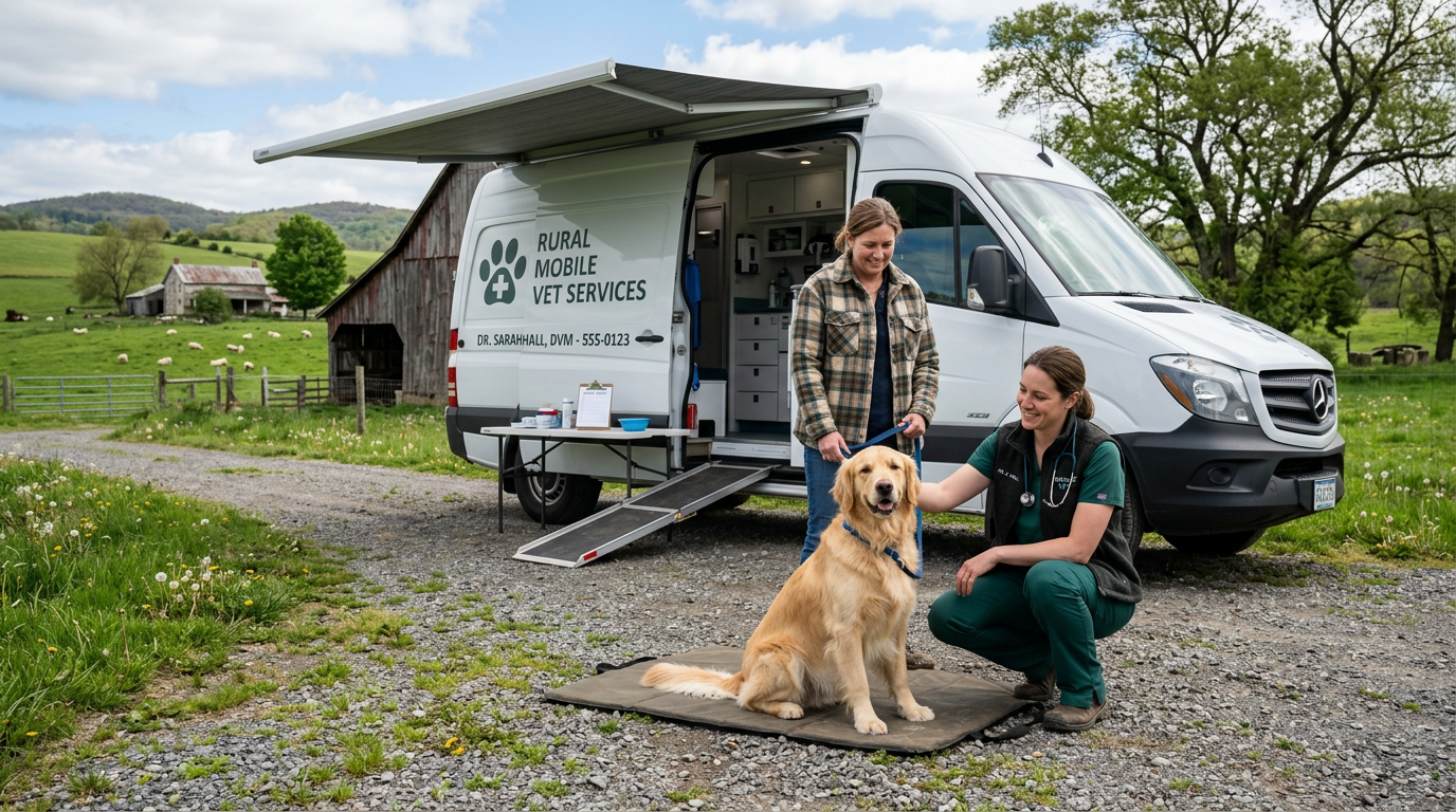 Veterinarian and owner with golden retriever dog outside rural vet service van