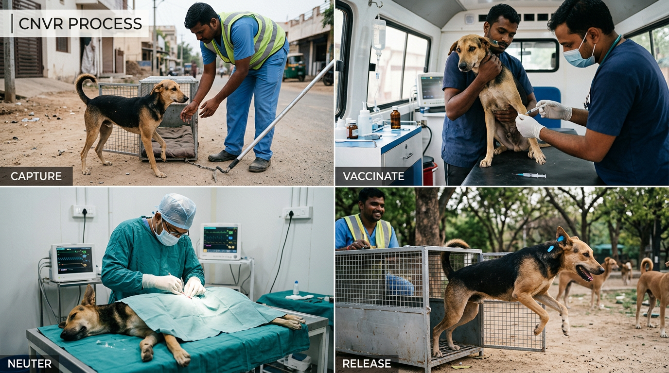 Sequence of capturing, vaccinating, neutering, and releasing a street dog