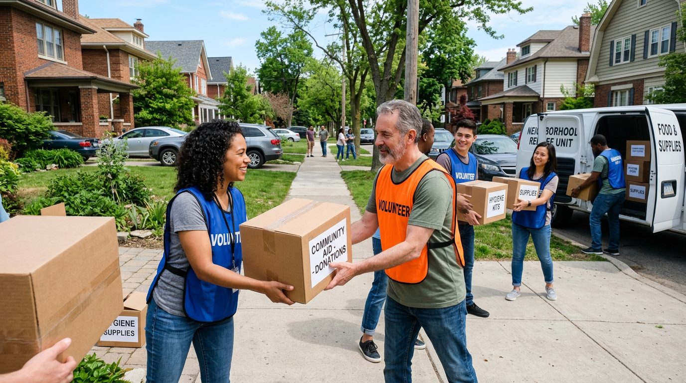 Volunteers handing boxes labeled community aid donations and supplies in neighborhood