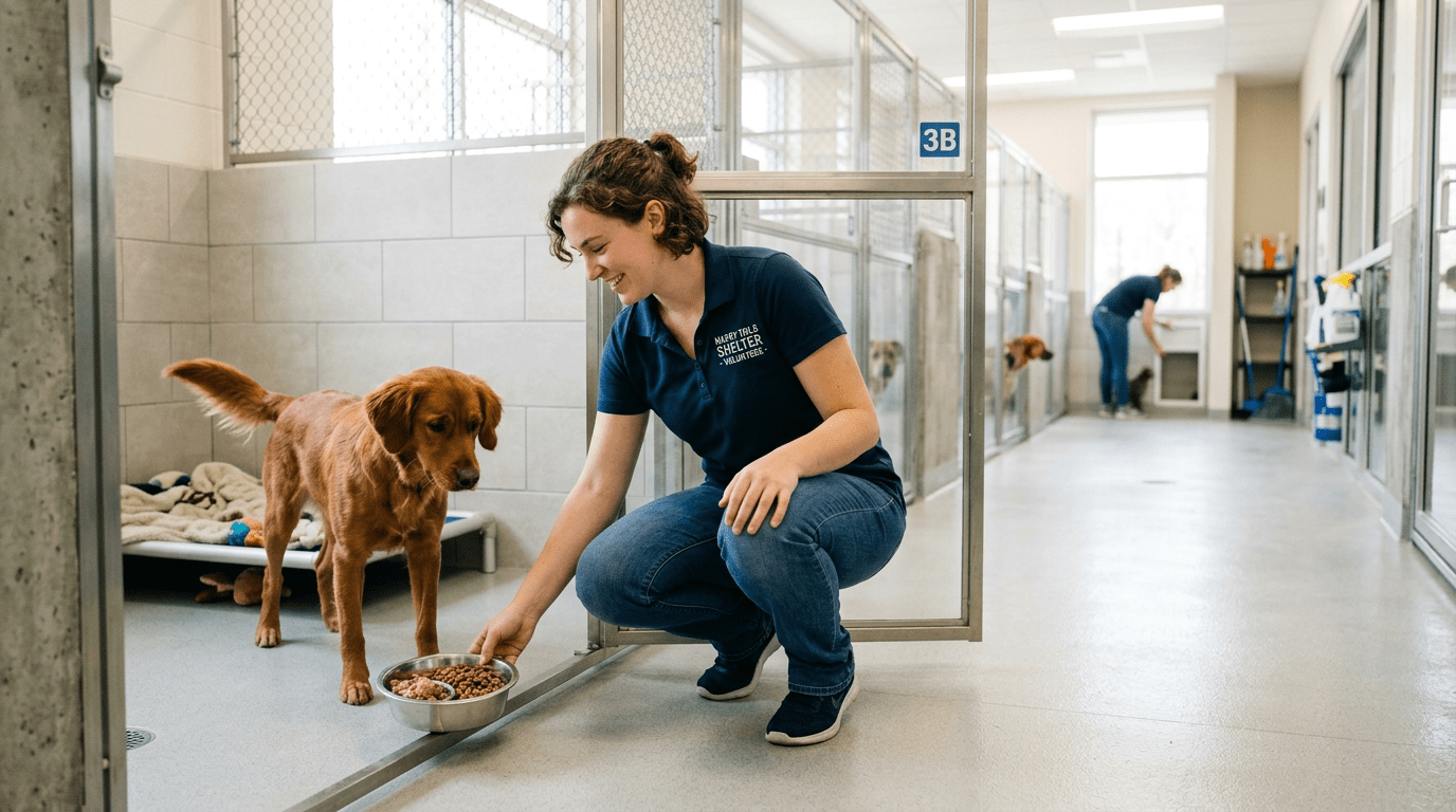 Volunteer crouching to offer food bowl to golden retriever inside dog kennel