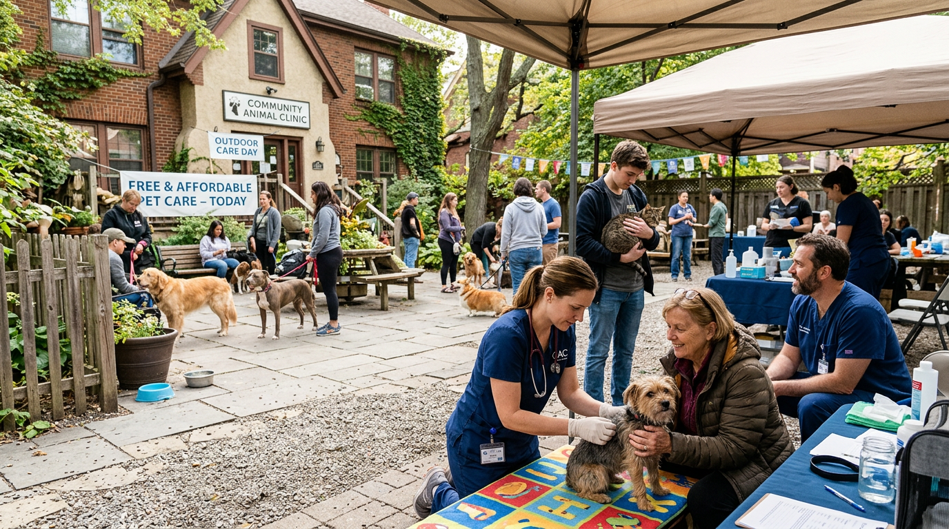 Veterinarian examining small dog while owner sits, people waiting with pets outdoors at animal clinic