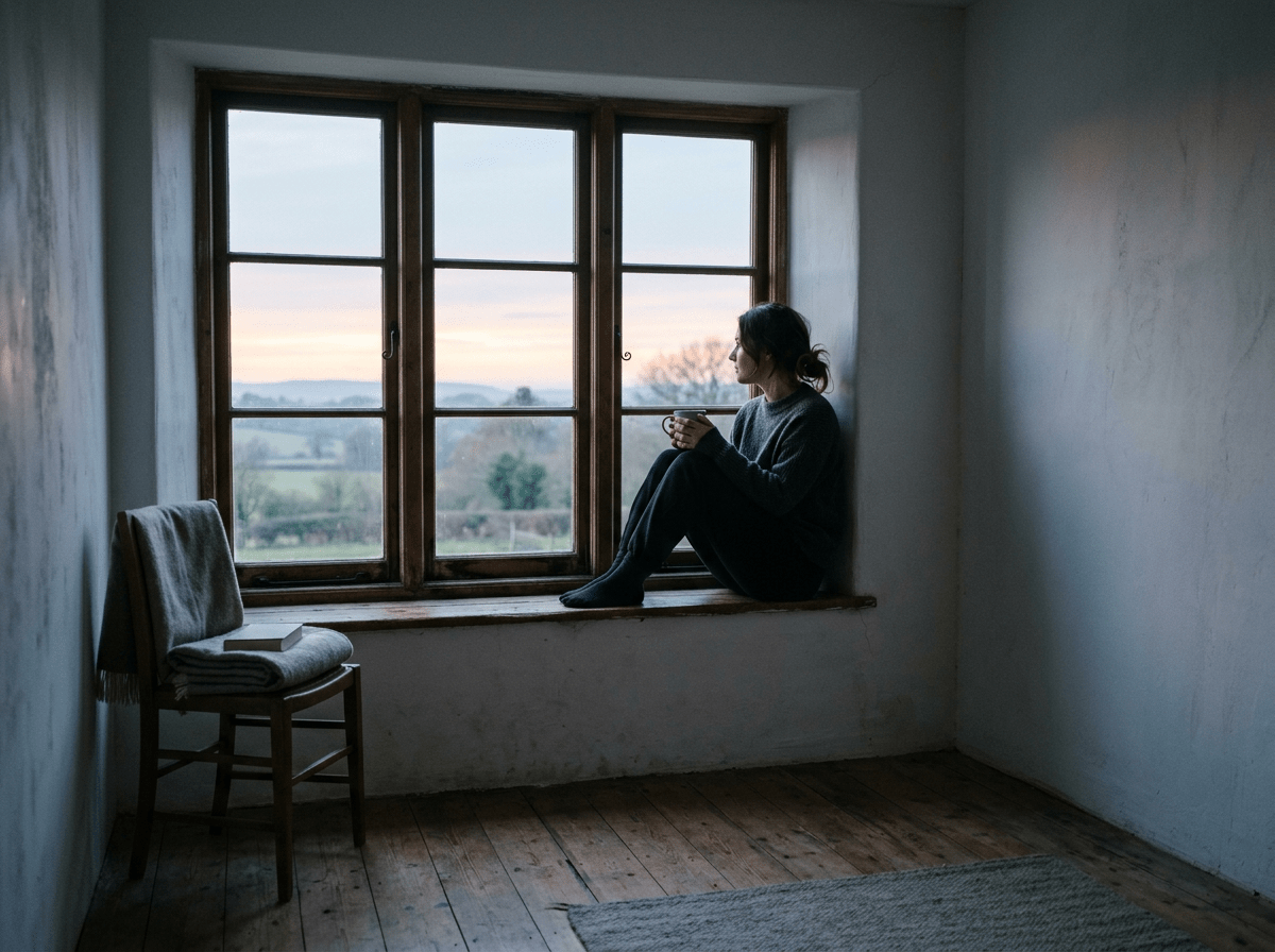 Woman sitting on windowsill holding a cup, looking outside at sunset.