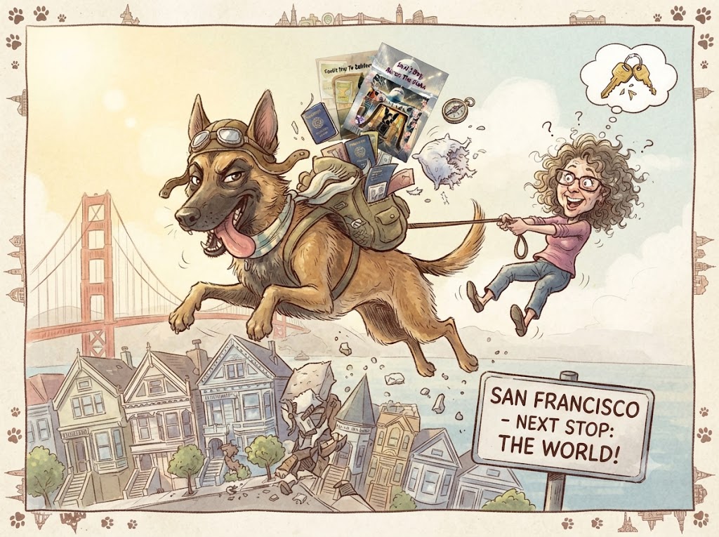 Caricature of a curly-haired woman being pulled through the air on a leash by an energetic Belgian Malinois wearing aviator goggles and a backpack filled with travel gear, flying over San Francisco with a "San Francisco - Next Stop: The World!" sign below.