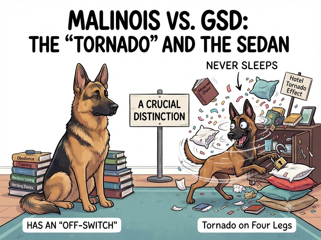 Caricature illustration for "Adventures of Sauli the Rescue Pup" showing a chaotic Belgian Malinois causing a whirlwind of mischief next to a calm German Shepherd.