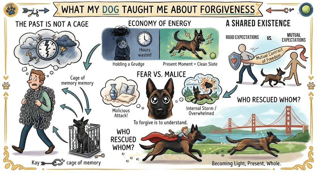 A colorful caricature infographic titled "What My Dog Taught Me About Forgiveness," illustrating lessons on letting go of the past, living in the present moment, distinguishing fear from malice, and the mutual bond between a human and a Belgian Malinois rescue dog.