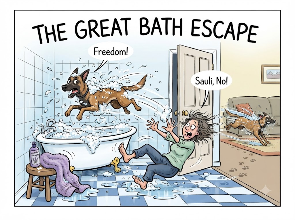 A cartoon illustration titled "The Great Bath Escape" showing a woman slipping on a wet, tiled bathroom floor as her Belgian Malinois, Sauli, leaps out of the bathtub in a splash of water and suds, shouting "Freedom!" while another version of the dog sprints away into the living room.
