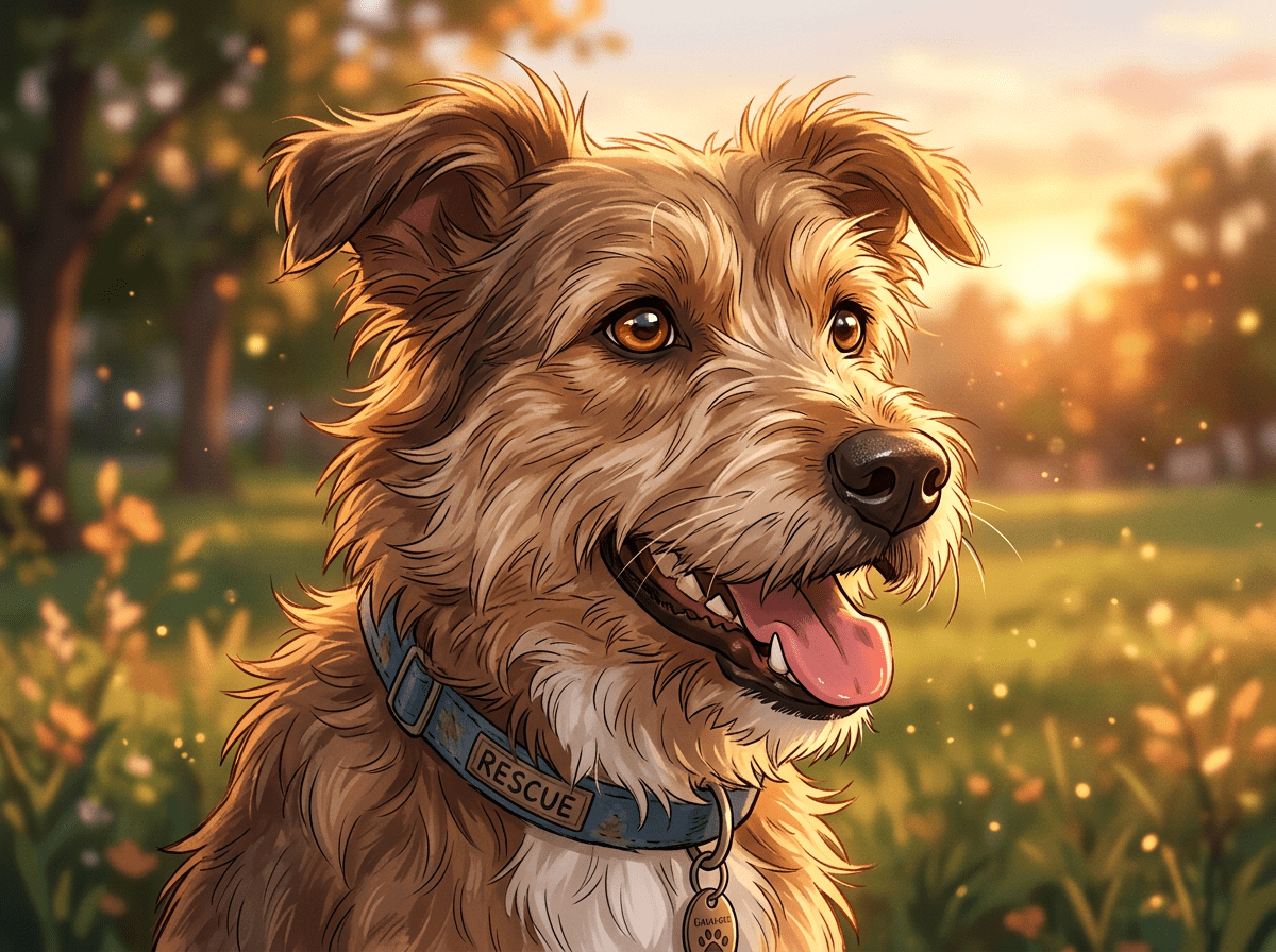 Rescue dog wearing a collar sitting happily outdoors at sunset
