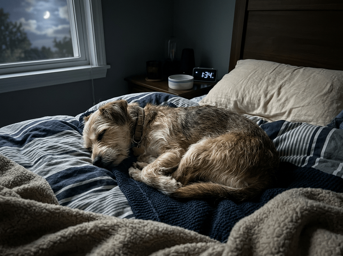 Small dog curled up sleeping on striped bed near window at night