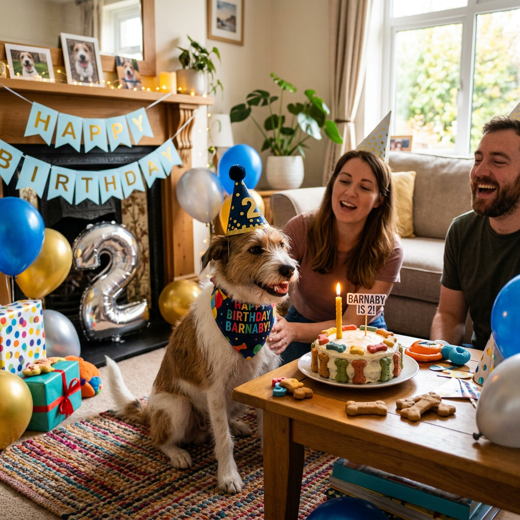 Dog wearing party hat and birthday bandana sitting by birthday cake with lit candle
