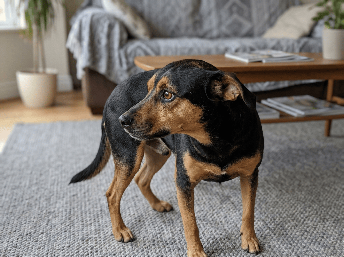 Small black and tan dog standing on gray carpet in living room.