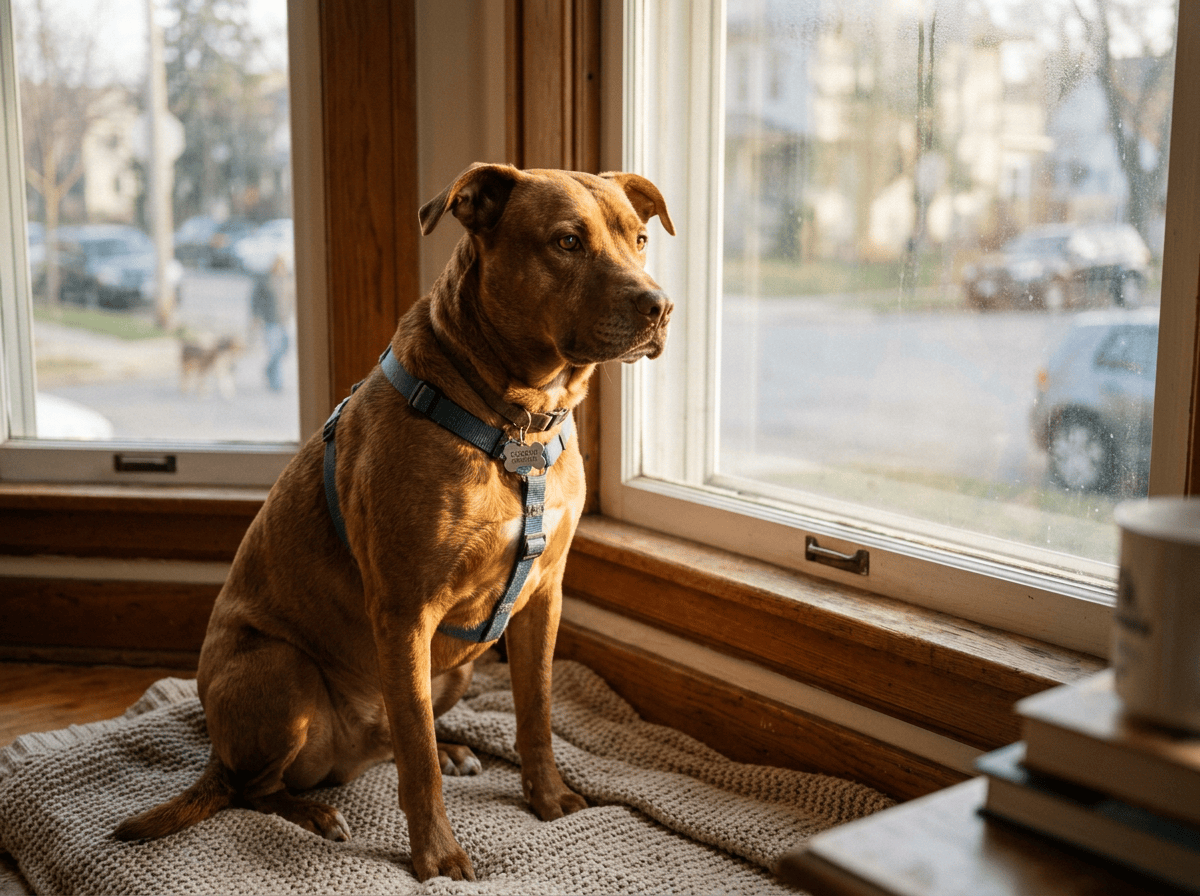 Brown dog wearing blue harness sitting by window looking outside