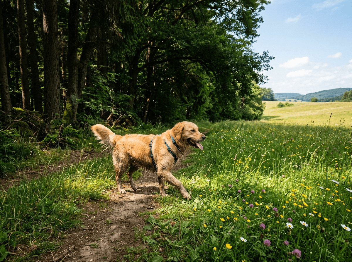 Golden retriever walking on a dirt path near a forest and wildflower meadow