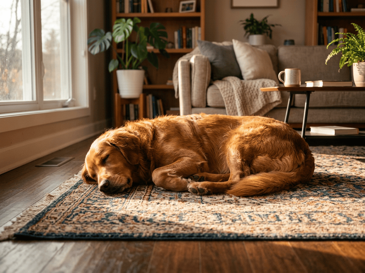 Golden retriever sleeping curled up on a patterned rug by a window