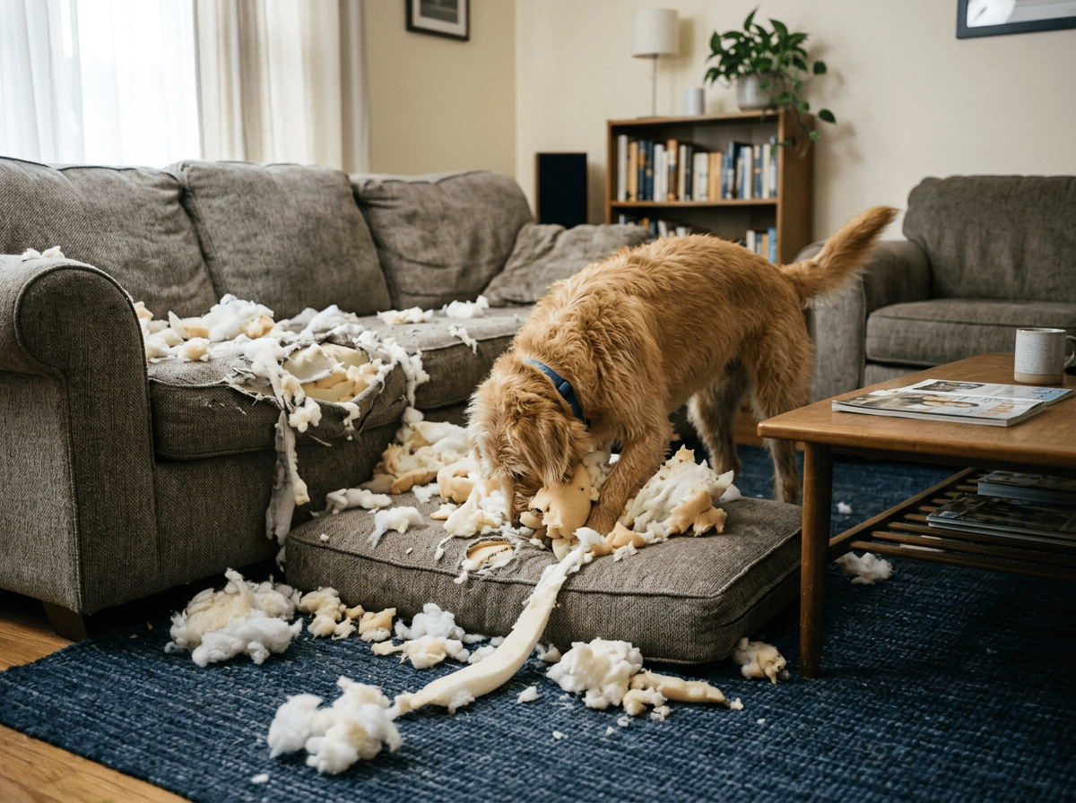 Dog digging into torn couch cushions with stuffing scattered around