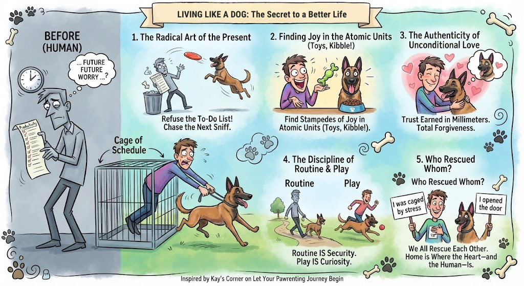 Caricature infographic titled "Living Like a Dog: The Secret to a Better Life" featuring 5 illustrated life lessons comparing human stress to canine wisdom, starring a rescue dog named Sauli and her human.