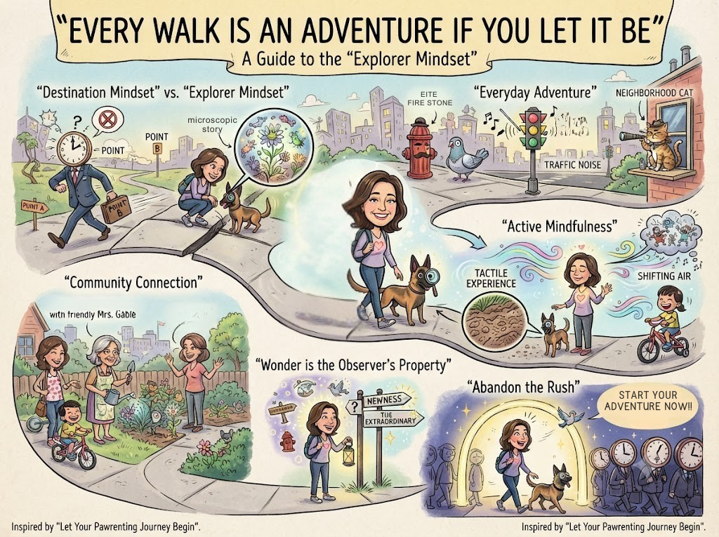 A caricature-style infographic titled "Every Walk Is an Adventure If You Let It Be," featuring illustrations of a woman and her dog exploring familiar paths with a sense of wonder and mindfulness.