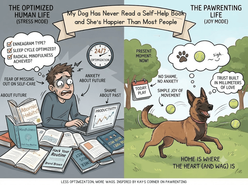 A caricature infographic split into two sections: on the left, an anxious man buried under self-help books and productivity dashboards labeled "The Optimized Human Life (Stress Mode)"; on the right, a joyful Belgian Malinois dog playing with tennis balls in a sunny park labeled "The Pawrenting Life (Joy Mode)."