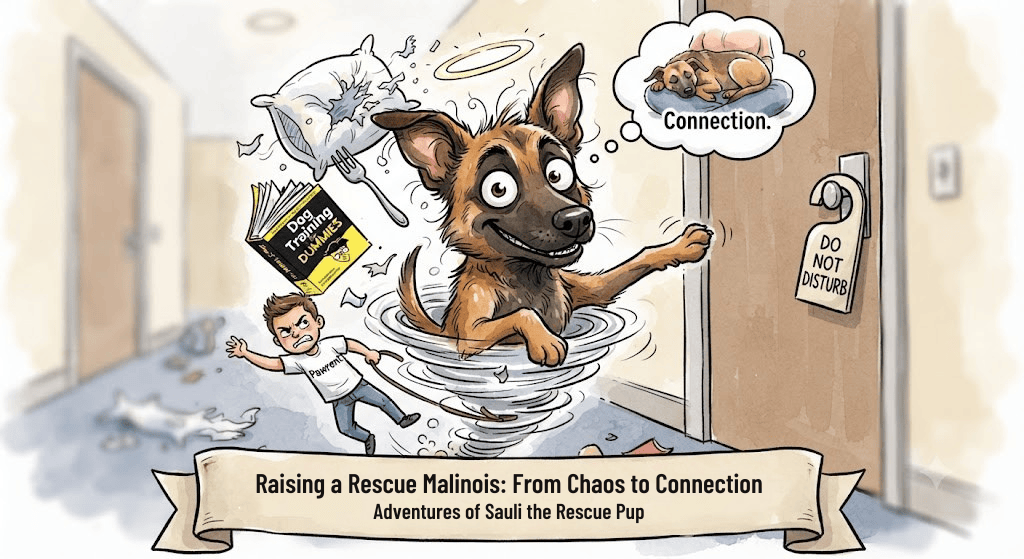 A humorous watercolor illustration of an energetic Belgian Malinois dog spinning in a mini tornado indoors, surrounded by shredded pillows, a dog training book, and a worried owner holding a leash.