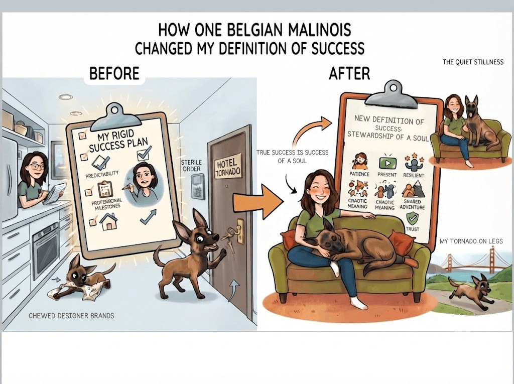 An infographic split into 'Before' and 'After' sections, contrasting a rigid, chaotic life of a new Belgian Malinois owner with a peaceful, bonded relationship on a couch.