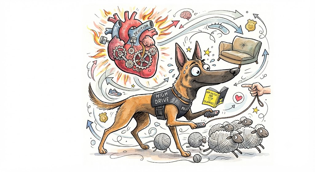 A whimsical watercolor caricature of a high-energy Belgian Malinois with a fiery heart engine and playful sheep.