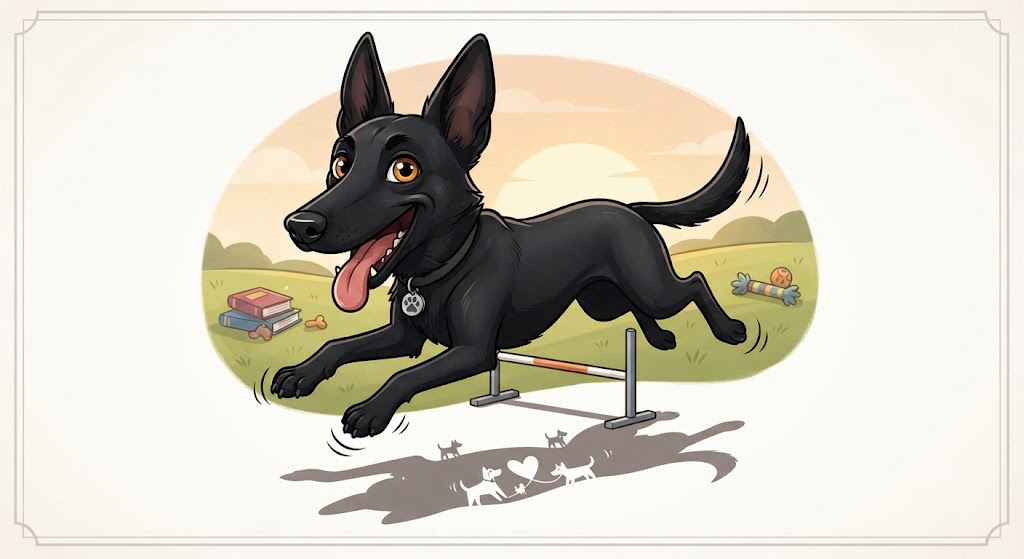 Caricature illustration of a happy black Belgian Malinois named Sauli jumping over an agility hurdle in a sunny park.