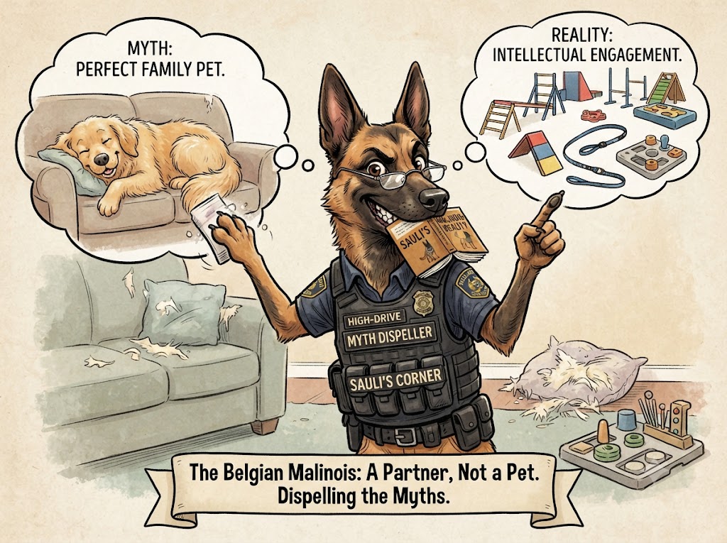 Caricature of a smart Belgian Malinois wearing a police vest, holding a book, with thought bubbles contrasting the myth of a couch-potato pet with the reality of