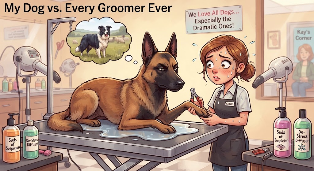 An illustrated scene of a tense grooming session: a suspicious, stiff Belgian Malinois lies flat on a stainless steel grooming table with a thought bubble showing itself as a proud working dog on a field with sheep. A stressed, sweating female groomer named Chloe in a branded apron looks nervously at the dog while holding nail clippers to its paw. The salon features grooming equipment, bottles labeled "Suds of Suspicion" and "De-Stress Diffuser," and a sign on the wall reading, "We Love All Dogs... Especially the Dramatic Ones!"