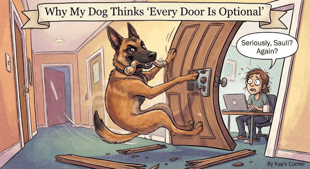 A cartoon illustration of an enthusiastic Belgian Malinois dog crashing through a wooden door while holding a bone in its mouth, startling its owner who is typing on a laptop at a desk inside the room.