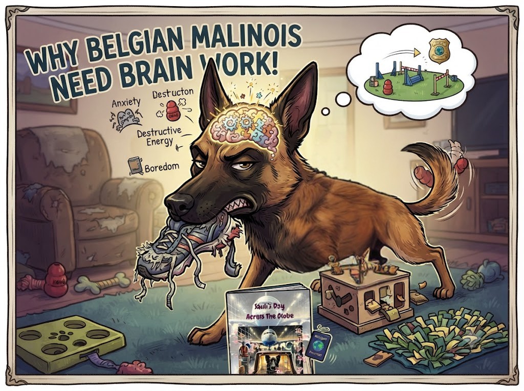 A vibrant cartoon caricature of a high-energy Belgian Malinois with a glowing brain puzzle, eagerly holding a chewed shoe in one paw and interacting with a dog puzzle toy in a living room, highlighting the need for mental stimulation.