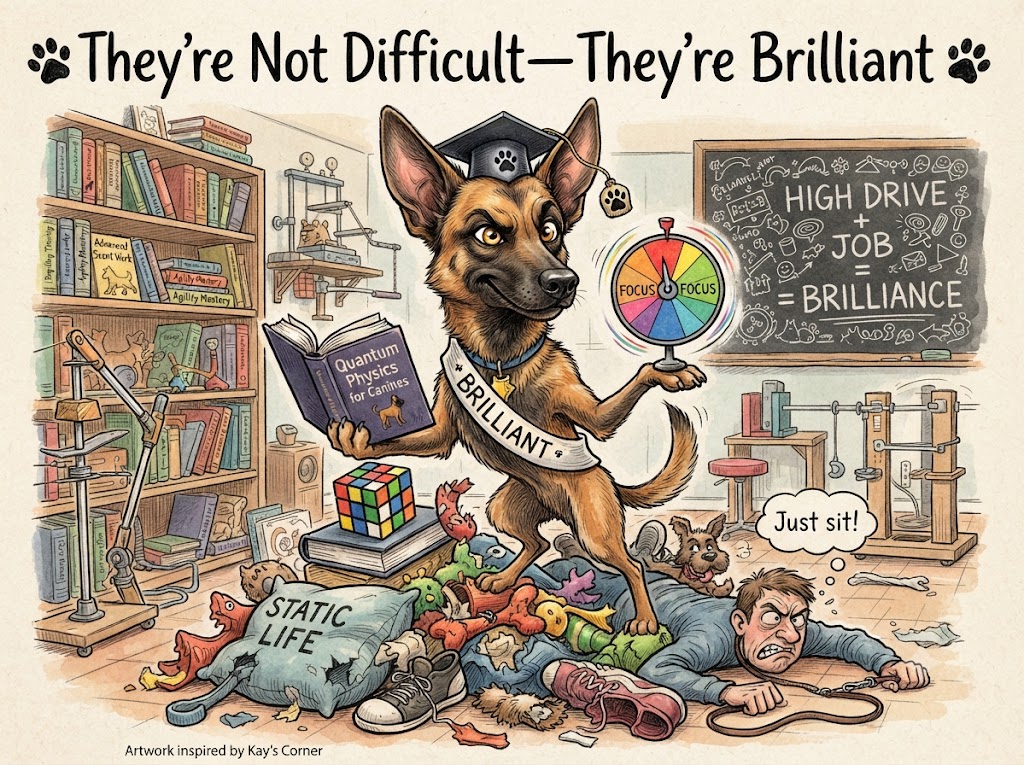 Caricature illustration of an energetic Belgian Malinois wearing a graduation cap and a "Brilliant" sash, standing on a pile of toys while a frustrated person lies pinned to the floor in a chaotic study filled with books and a chalkboard reading "High Drive + Job = Brilliance."