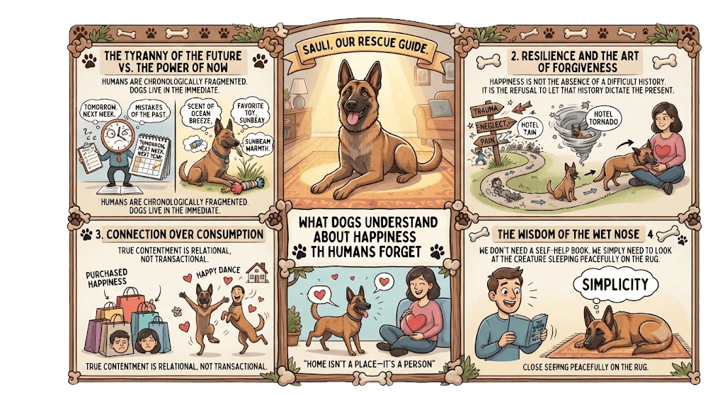 A colorful comic-style infographic featuring Sauli, a rescue Belgian Malinois, highlighting lessons on happiness, the power of now, resilience, connection, and simplicity.