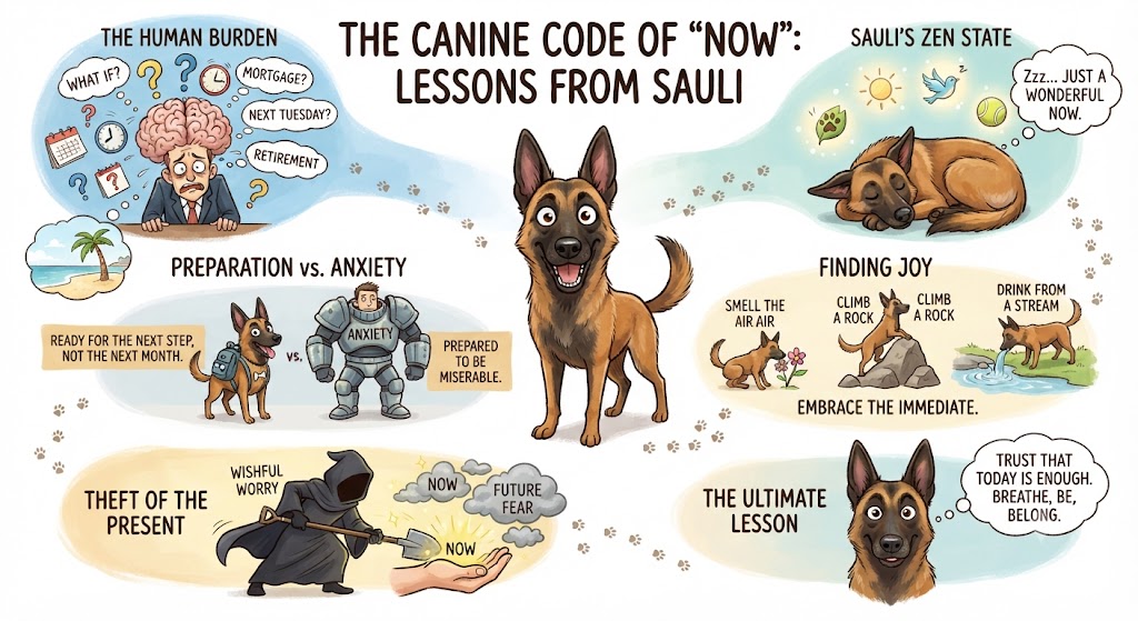 A caricature infographic titled "The Canine Code of 'Now': Lessons from Sauli," featuring a central Belgian Malinois surrounded by comic-style panels illustrating living in the present moment versus human anxiety.