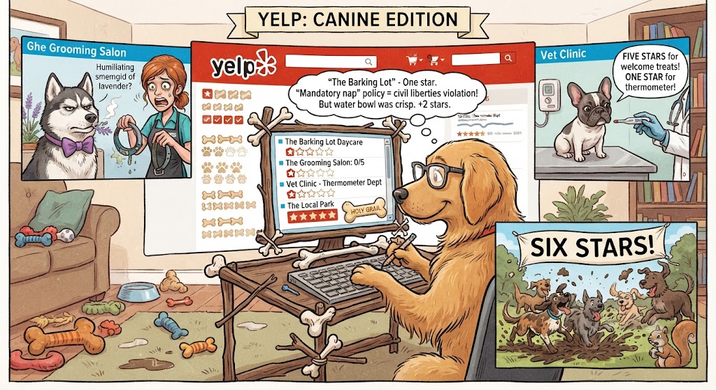 A humorous digital illustration of a golden retriever wearing glasses typing a canine Yelp review on a computer, surrounded by cartoon panels depicting dogs reviewing a grooming salon, a vet clinic, and a muddy dog park.