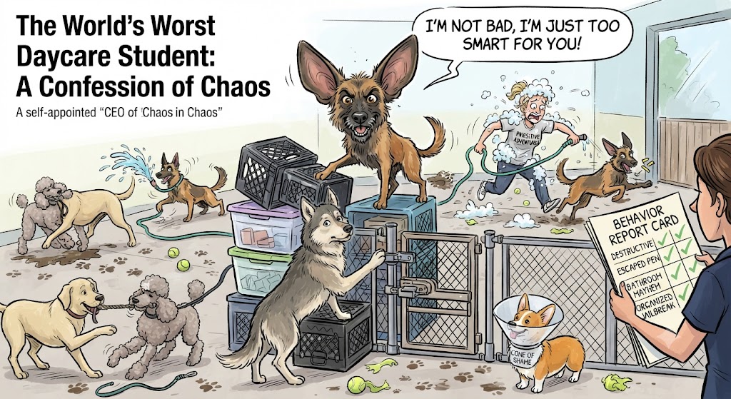 A colorful cartoon illustration depicting a chaotic dog daycare setting, featuring a mischievous Belgian Malinois standing triumphantly on top of storage crates with massive satellite-dish ears, wearing a speech bubble that reads "I'm not bad, I'm just too smart for you!" Other dogs create havoc around the facility while a staff member holds a behavior report card filled with negative checkmarks.