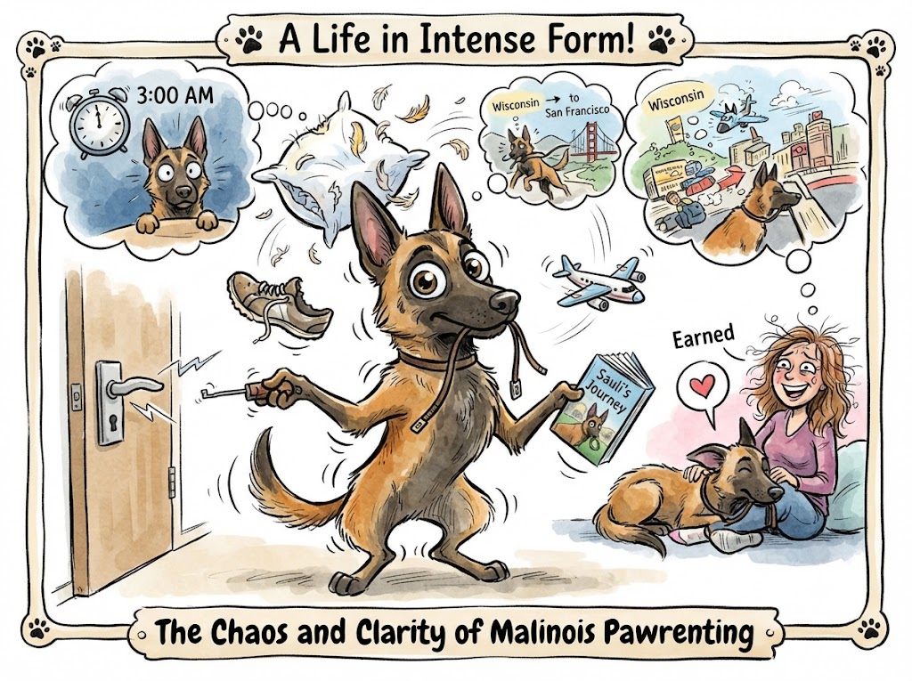 A colorful caricature and illustrated infographic titled "A Life in Intense Form! The Chaos and Clarity of Malinois Pawrenting," featuring a lively Belgian Malinois dog holding a shoe and book, surrounded by chaotic doodle scenes and its owner.