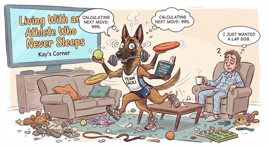 Caricature cartoon of a hyperactive black Belgian Malinois named Sauli multitasking in a chaotic living room while wearing a "TEAM SAULI" athletic jersey, holding a tennis ball and barbell, balancing a frisbee and a book, as an exhausted human in pajamas sits in an armchair thinking, "I just wanted a lap dog."