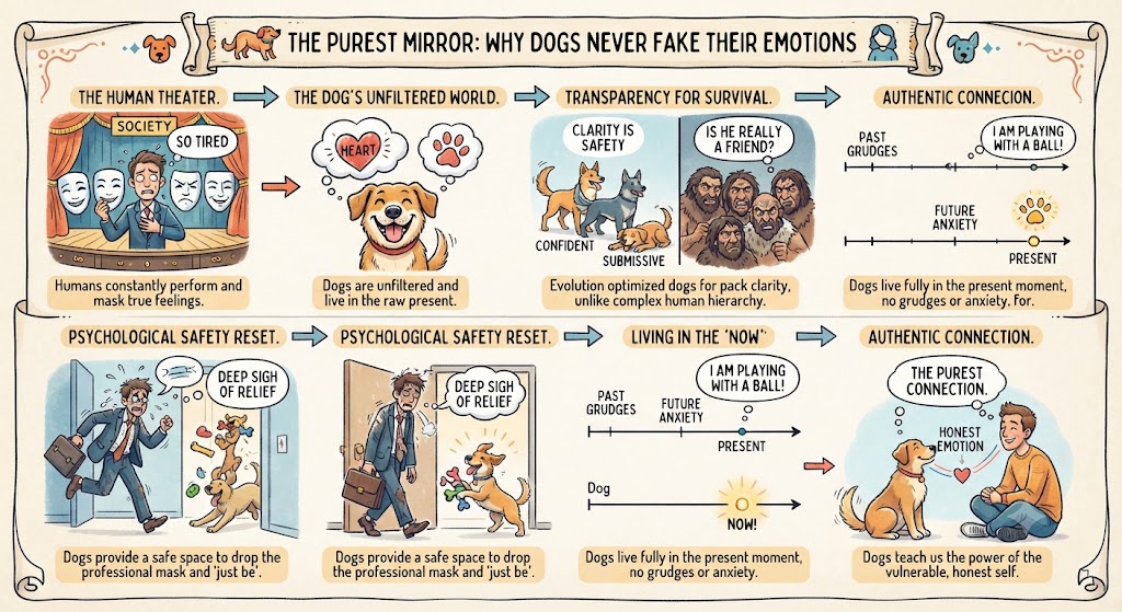 A caricature infographic with multiple comic-style panels illustrating the article "The Purest Mirror: Why Dogs Never Fake Their Emotions," comparing human social masking with dogs' unfiltered, authentic presence and emotional safety.