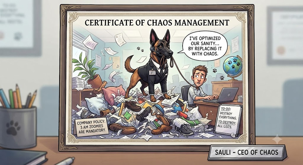 A humorous caricature framed in an office showing a black Belgian Malinois wearing a tiny suit and headset, holding a leash attached to a stressed human working at a laptop. The room is completely trashed with shredded paper, pillows, and clothes, with a sign reading "Company Policy: 3 AM Zoomies are Mandatory" and a whiteboard saying "To-Do: Destroy Everything."